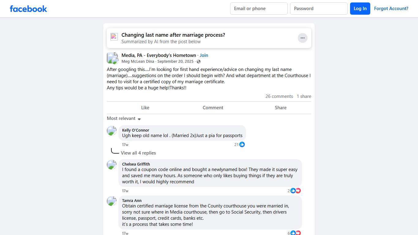 Media, PA - Everybody's Hometown After googling this….I’m looking for first hand experience/advice on changing my last name (marriage)….suggestions on the order I should begin w... Facebook